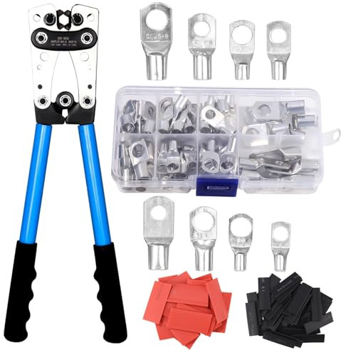 Pinza Crimpatrice, Pinza capicorda AWG 10-0, 6/10/16/25/35/50 mm²Crimpatrice Capicorda con 60 PCS terminali ad anello in rame + 60 PCS tubo termorestringente Potente pinza a crimpare