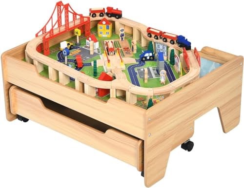 DREAMADE Spieltisch aus Holz, 100-teiliges Eisenbahn-Set, Holzeisenbahn mit Schienen, umkehrbarer & abnehmbarer Tischplatte, großer Aufbewahrungsschublade, Spielzeug für Kinder ab 3 Jahre (100-teilig)