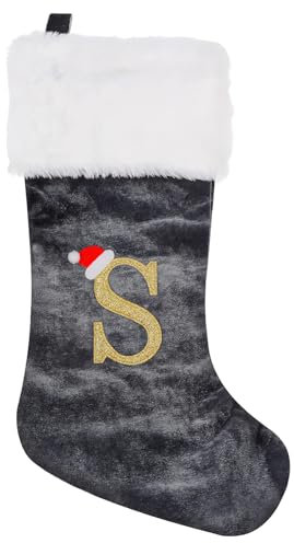 Personalized Xmas Stockings 45cm Large Initial Monogram Embroidered Letter Christmas Stocking Grey Velvet Classic Christmas Stockings Xmas Holiday Decor Tree Decoration for Kids & Adults Gift (S)