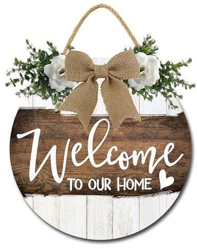 Geroclonup Welcome to Our Home Sign for Front Door Porch Sign Farmhouse Wreath Wall Decor 30cm Rustic Round Wood Hanging Sign for Home Decor Outdoor Indoor Housewarming