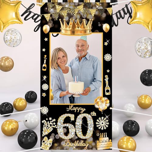 POPOYU Dekoration zum 60. Geburtstag, schwarz-goldfarben, Party-Fotokabinen-Requisiten, riesiger Stoff, 60. Geburtstag, Party-Fotokabinenrahmen, lustiger, großer Selfie-Rahmen für Männer und Frauen