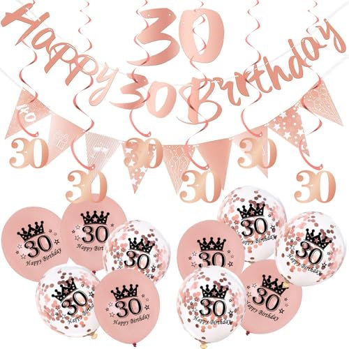 18Pcs Rose Gold Happy 30th Birthday Decorations Set for Her,Women 30th Birthday Balloons Birthday Number 30th Hanging Swirls Banner Triangle Flag Banner for Women Birthday Party Decorations Supplies