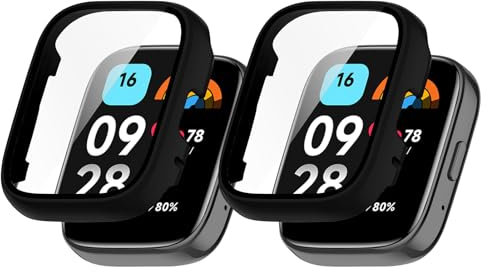 2 Stück Schutzhülle für Xiaomi Redmi Watch 3 Active, Schutzglas Anti-Kratz, Schutzfolie mit Cover, Displayschutz Panzerglas, Displayschutzfolie, Vollständiger Rundumschutz (Schwarz+Schwarz)