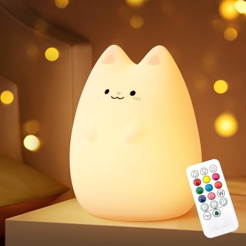 Nice Dream Veilleuse pour Enfants, 9 Couleurs Veilleuse Bébé en Silicone avec Télécommande, Lampe Rechargeable par USB, Veilleuse Cadeau pour Garçons Filles (07-Chat)