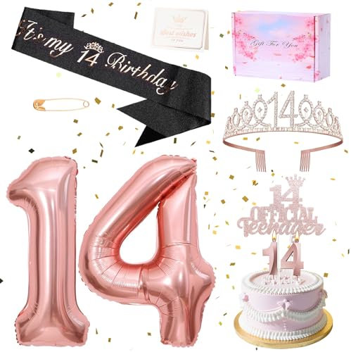14.Geburtstag Mädchen Deko 14.Geburtstagsschärpe Krone Kerzen Luftballons für 14 Geburtstag Mädchen Party Deko Supplies Teenager Geschenke (14. Geburtstag)