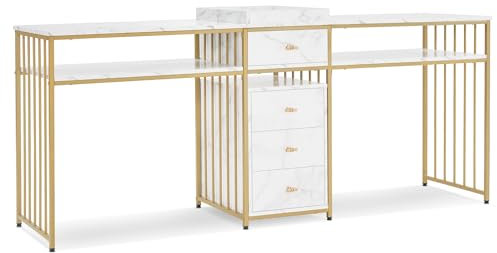M MCombo Table onglerie avec tiroirs, Table manucure Professionnelle avec étagère, Table onglerie Professionnel, Coiffeuse sans Miroir, Table manucure, Marbre Blanc Or, 50 x 200 x 86cm, 2413