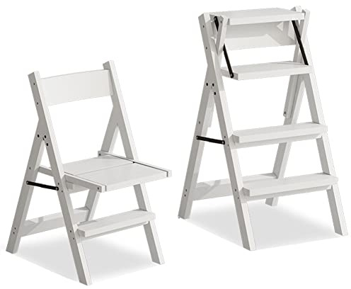 GXXINGIN Foot stool Step Stool Solid Wood Folding Ladder Chair Dual Purpose Step Stool 4 Step Ladder Rack Chair Multi-Convertible Stair Stool Home Kitchen Garden Library/White