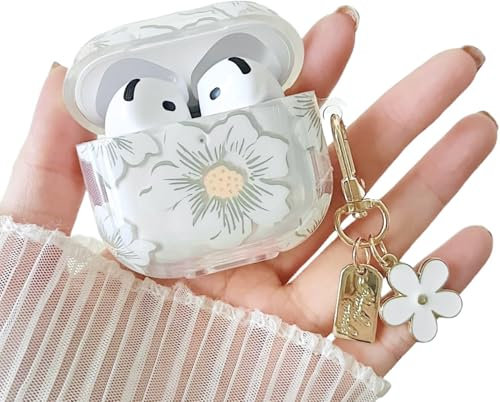 MINSCOSE kompatibel mit AirPods 4 Klar Hülle, Niedliche Cartoon Blumenmuster Design mit Blumen Schlüsselanhänger,Weiche TPU Schützende Stoßfest Fall für AirPods 4 für Mädchen Frauen-Weiß