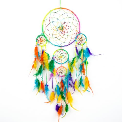 Remorlet Traumfänger, Regenbogenfarben, handgefertigt, mit bunten natürlichen Federn, Perlen, Boho-Wandbehang, Ornament, böhmische Heimdekoration für Schlafzimmer, Kinderzimmer, Mädchenzimmer