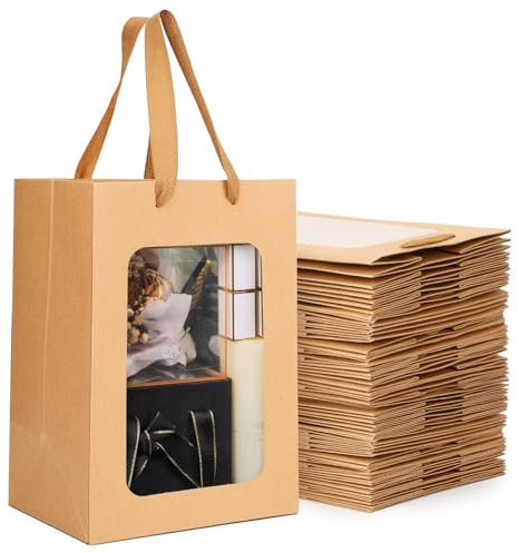 EUSOAR Bolsas Papel Kraft - 50 Piezas Bolsas Regalo con Asas - 20x16x30cm Bolsas de Papel con Ventana - 230GSM Gift Bags Marrón - Bolsa Papel Regalo - Party Bags Cumpleaños Compras