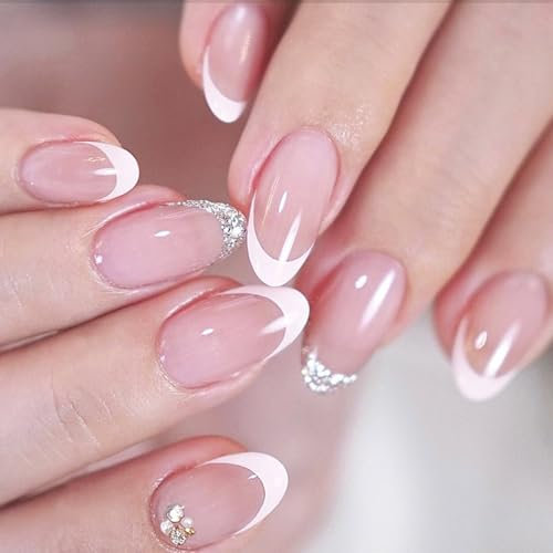 24Pcs Almond Press On Nails White French Tip With Glitters Designs Stick On Nails Glossy Acrylic Nails For Women