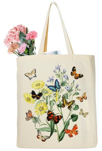Stoffbeutel Bedruckt - Vintage Schmetterling Baumwolltasche - Schmetterling Gänseblümchen Einkaufstasche - Tragetasche Canvas-Stoff 35 x 42 x 8 cm - Handtasche Geschenke für Frauen zum Geburtstag