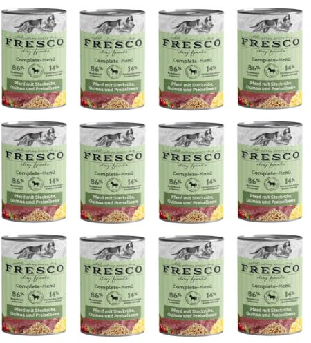 Fresco Complete-Menü Pferd mit Steckrübe, Quinoa & Preiselbeeren | 12er Pack | 12 x 400 g | Nassbarf für Hunde | Wichtige Proteine & Eiweiß | Aus reinem Muskelfleisch