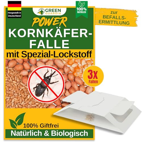 GREEN GUARDIA Kornkäfer Falle mit Spezial-Lockstoff - 3X Kornkäfer Fallen - umweltfreundlich Kornkäfer bekämpfen, Chemiefreie Falle mit starker Klebefläche, giftfrei & geruchsneutral