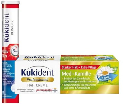 Kukident Aktiv Plus 1x33 Tabs & Haftcreme Med + Kamille 1x40g – Prothesenreinigung & sanfte Haftung mit Kamille – ideal bei empfindlichem Zahnfleisch – natürlich & zuverlässig