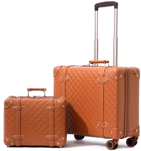 Miss.Box Vintage Gepäck-Set mit Rollen, Retro Koffer, Reisekoffer, Koffer-Set, stilvolles Vintage-Gepäck-Set für Damen und Herren, Camel Quilted, 14inch&18inch, Vintage-Retro-Stil