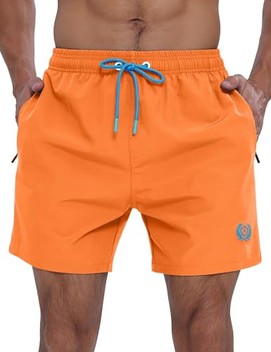 APTRO Mens Swim Shorts Quick-Dry Mesh Lining Summer Beach Shorts 4-Way Stretch Swim Trunks with Zipper Pockets Orange M