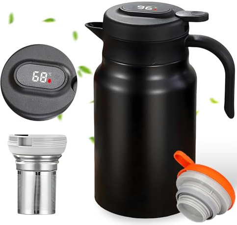 Pichet Isotherme 1,5 L avec Infuseur à Thé et Affichage de Température, Carafe Thermique en Acier Inoxydable 316 à Double Paroi, Étanche et Sans Goutte, pour Thé, Café, Lait