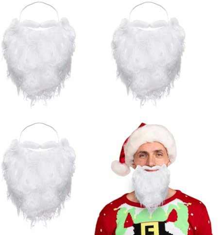QIZHIQIAMY 3 Stück Weihnachtsmann Bart Weißer Weihnachtsmannbart Mit Gummiband Nikolausbart Weiß Weihnachtsbart Santa Beard für Jugendliche und Erwachsene Weihnachtsmann Kostüm Zubehör