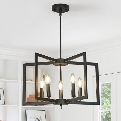 Lampara Araña Moderna,Lamparas Comedor,Candelabros Industriales Rústicos De Metal Ajustables En Altura Para Comedor,Vela, Lámpara De Techo Para Sala De Estar Dormitorio Cocina (Black, 5 Lights)