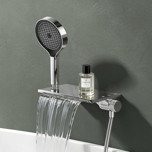 Mai & Mai Badewannenarmatur mit Handbrause, Wannenarmatur Wasserfall Silber | Wandarmatur für Badewanne aus Messing, 5 Strahlarten, Duschbrause mit Unterauslauf und Handbrause DSN-401