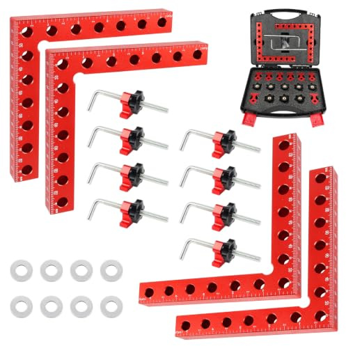 90 Grad Positionierwinkel, 4 Stück Winkelklemme Set, 140mm/5,5 Zoll Aluminiumlegierung Winkelspanner mit Werkzeugkoffer, Multifunktional Rechtwinklige Klemmen, Holzbearbeitungswerkzeuge, Rot