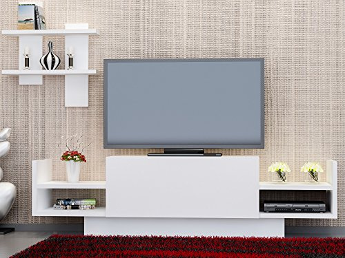 Hanah Home Modern White TV Unit with Wall Shelf, 120 cm | 100% Melamine Coated Particle Board, 18 mm Thick | Stylish Scandinavian Design, Multiple Shelves