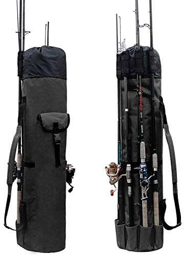 Allnice Robuste Aufbewahrungstasche für Angelruten und Rollen, Reisetasche, für 5 Stangen und Angelzubehör, Schwarz