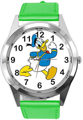 TAPORT® Armbanduhr Analog Quarz mit Echtlederband grün rund für Fan von Donald Duck