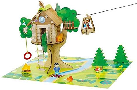 JEUJURA La Cabane Perchée et sa Tyrolienne - 70 pièces : Jeu de Construction en Bois Naturel - Un Tapis de Jeu et de Nombreux Accessoires - Jeu de Construction - Âge Minimum : 3 Ans