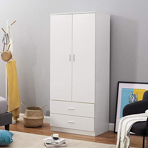 Colorstone Wardrobe 2 Door 2 Drawer Wooden Clothes Storage Cupboards Unit with Hanging Rail Storage Bedroom Unit Furniture (White)