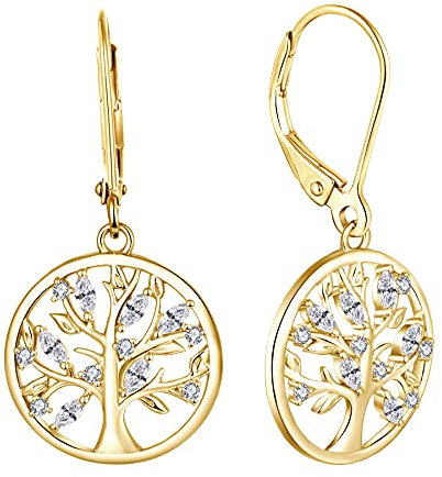 JO WISDOM Boucles d'oreilles Arbre de vie en Argent 925/1000 Dormeuse pour Femme avec 3A Oxyde de Zirconium avec Plaqué or Jaune