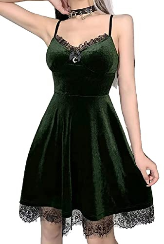 Vintage Bow Velvet Dress Women Sexy Gothic Summer Green Spaghetti Strap Sleeveless Mini Short Dresses Punk Dresses