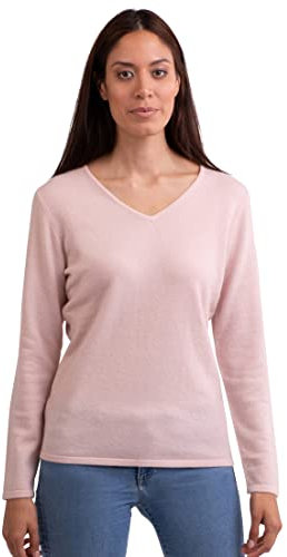 Pull 100% Cachemire pour Femme - Pull à col en V - 2 Fils, Rose poudré, S