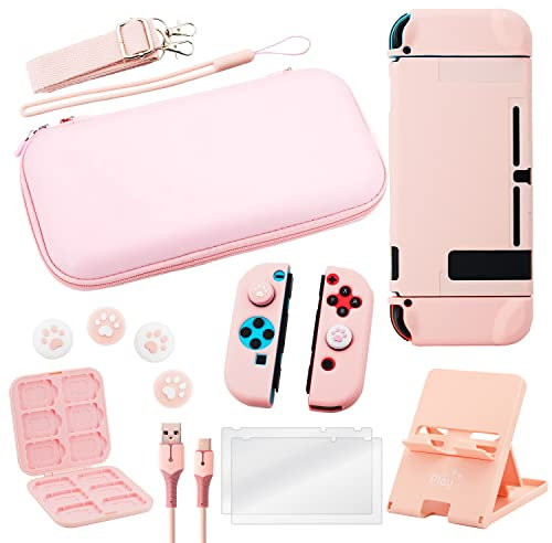 PlayM Étui de transport rose et ensemble d'accessoires pour Nintendo Switch, kit d'accessoires mignons avec coque de protection, protecteur d'écran, support réglable, étui pour cartes de jeu, poignées