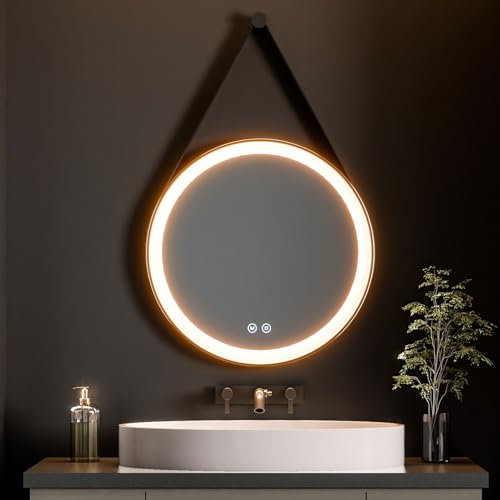 Heilmetz Badspiegel mit Beleuchtung Rund 80cm, LED Badezimmerspiegel mit Licht, 3 Lichtfarben Dimmbar, Touch, Runder Spiegel mit Beleuchtung, Schwarz Rahmen, Abnehmbar Band