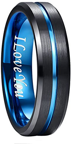 NUNCAD Men's Rings I Love You Wedding Ring 6mm Black Blue Tungsten Carbide Ring for Men Two-Tone Simple Band with Groove Size S