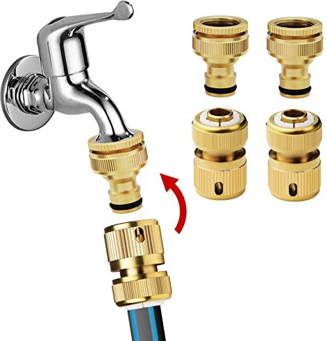 Mdlufee Messing Schlauch Wasserhahn Anschlüsse 2 in 1 1/2 Zoll 3/4 Zoll Adapter, Gartenschlauch Schnellkupplung, Autowascharmatur und Schlauchanschluss (4 Stück)