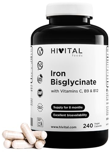 Järn 14 mg. 240 veganska kapslar för 8 månaders behandling. | Rent vegetabiliskt Järnbisglycinat med Vitamin C, Folsyra och Vitamin B12. Tillverkad i Europa av HIVITAL