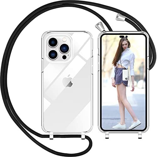 Nupcknn Coque avec Cordon pour iPhone 14 Pro Max, Transparent Coque Collier Réglable Téléphone Étui Portable Lanyard Case Pro Maxtection Complète Cover de iPhone 14 Pro Max(6.7,Noir)