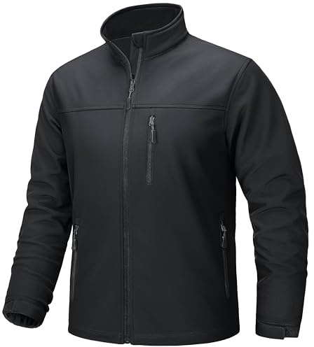 TACVASEN Mens Winter Jacket Lightweight Softshell Fleece Lined Coat Waterproof Windbreaker Rain Jacket Full Zip Tactical Outdoor Work, Black, S