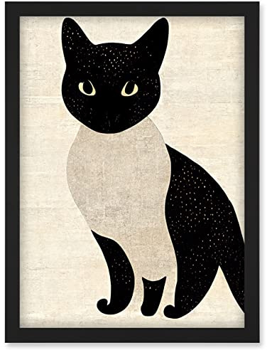 Doppelganger33 LTD Woodblock Cute Black And White Cat Japanese Ukiyo-e Artwork Framed Wall Art Print A4