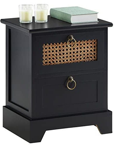 CARO-Möbel Nachttisch Padma mit 2 Schubladen, Nachtkommode aus Paulownia Holz und Wiener Geflecht, Nachtschrank im Retro Design, Boho, in schwarz