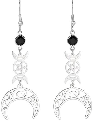 VASSAGO Dreifach-Mond-Göttin-Ohrringe, Edelstahl, Pentagramm, Pentagramm, heidnisch, Wicca, magisches Amulett, Schmuck für Frauen