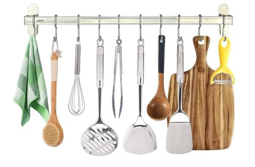 LUMAI Kitchen Rail with Hooks (10 hooks): Utensil Rack, Kitchen Utensil Hanger, Pot and Pan Hanging Rack, Pot Hangers for Kitchen, Pot Rack Wall Mounted, Pot Rack Hanging, Pan Hanger, Wall Pot Rack