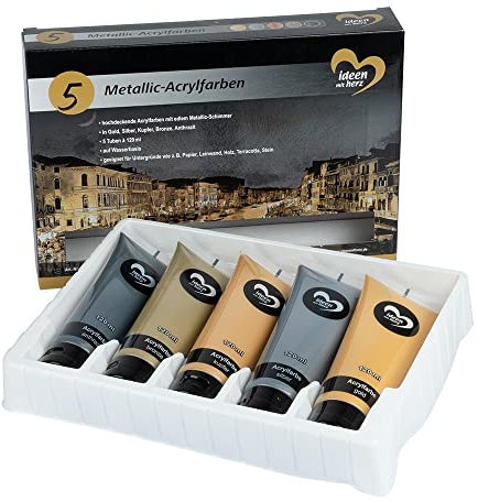 Ideen mit Herz Lot de 5 tubes de peinture acrylique métallique de 120 ml - 5 couleurs - Or, argent, cuivre, bronze et anthracite - Très couvrant