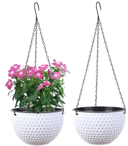 YuanDiann Hängende Blumentöpfe 2er Set, Selbstbewässerung Hängepflanztöpfe mit Wasserspeicher & Ablaufloch Bienenwabe Blumenampel mit Rostfrei Ketten für Innen Außen Decken Balkone Deko Weiß S