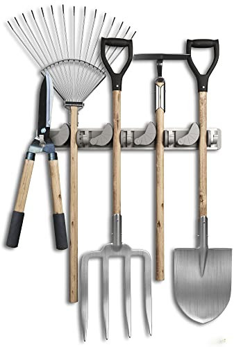 Lot de 2 porte-outils peu encombrants - Profil en aluminium avec 4 supports positionnables individuellement et 5 crochets [Pour balais, outils de jardinage, outils] - Idéal dans le garage, l'atelier