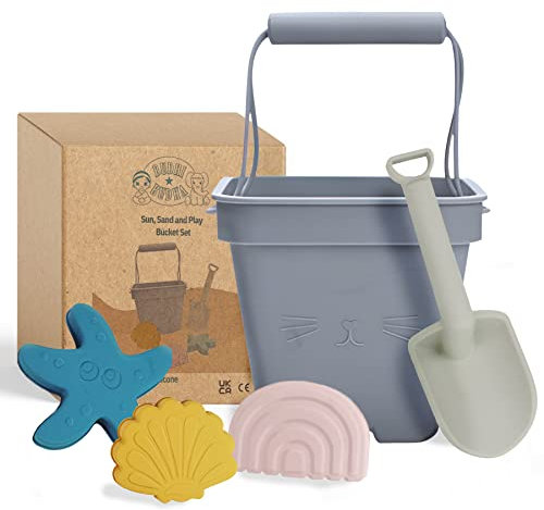 Jeux de Plage Enfant en Silicone Alimentaire : Set de Plage Comprenant Un Seau Enfant, Une Pelle et 3 Moules Adorables, Seau Pliable pour Le Bac a Sable, Jouet pour Le Sable