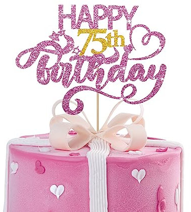 MINUET MINUTE Pink Glitter Happy 75th Birthday Cake Topper, 1 x 6.3 x 3.5 Pink Glitter Cardboard & Wooden Stick, Perfect for Birthday & Anniversary Parties